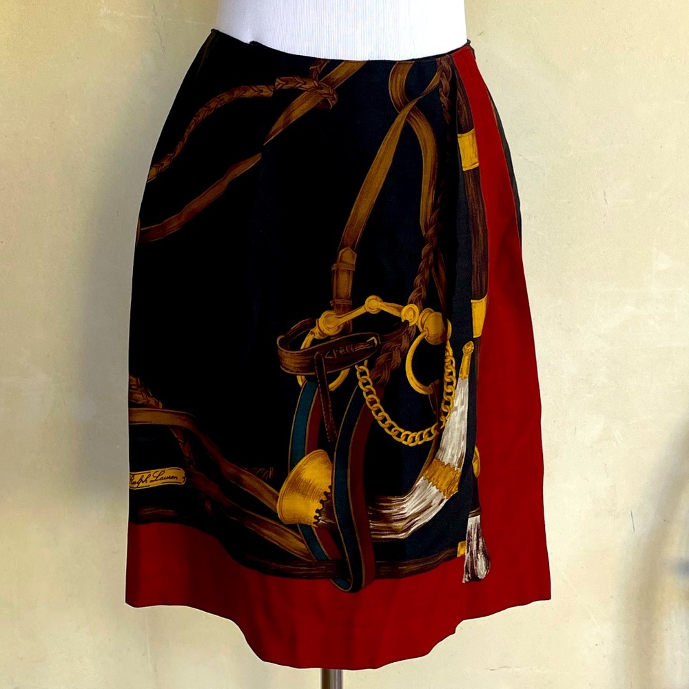 RALPH LAUREN Equestrian Horse Bit Hunter Black Red Lined Wool Wrap Skirt 8 USA